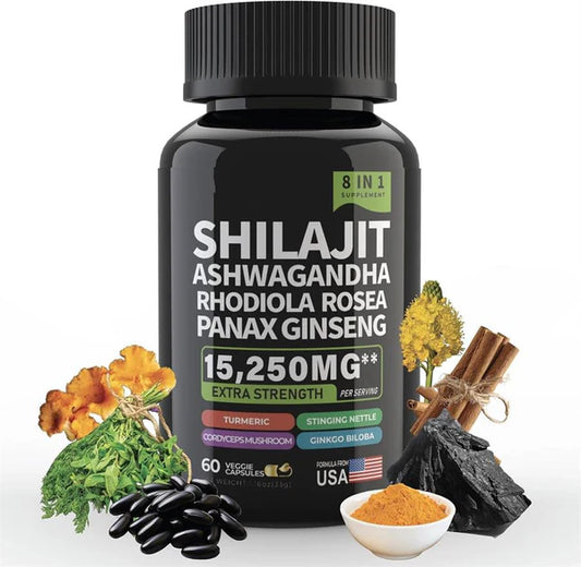 Shilajit Ashwagandha Rhodiola Rosea Panax Ginseng - for Men and Women - Shilajit Capsules - 60 Veggie Capsules